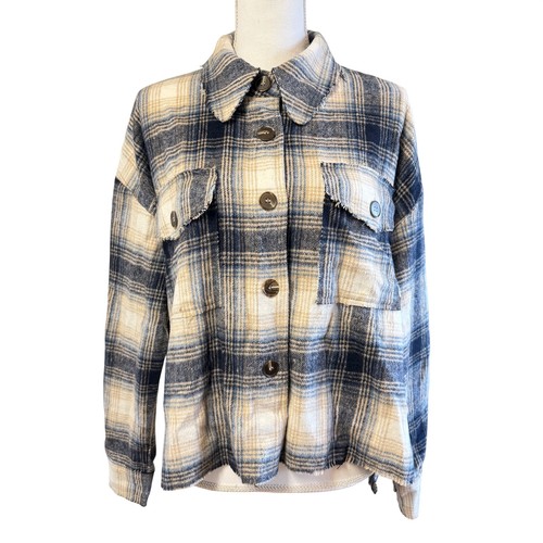 La Miel Blue Cream Plaid Button Down Shacket Frayed Raw Hem Small Oversized