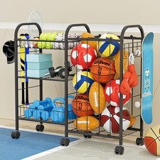Ball Storage Rack, Sports Ball Storage Cart with 6 Wheels, Elastic Strap, Rem...