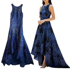 Teri Jon Rickie Freeman Blue Black Floral Jacquard High Low Gown Size 2 Dres