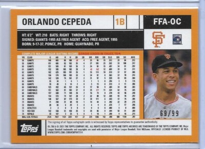 2021 TOPPS ARCHIVES ORLANDO CEPEDA SIGNED AUTO #D/99 SAN FRANCISCO