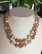VINTAGE LISNER Necklace Taupe Carved Beads Aurora Borealis Double Strand EUC