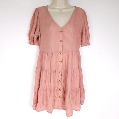 Mine Womens Dress Large Pink Button Front Short Sleeve Ruffle V Neck Oversized