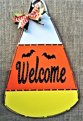 CANDY CORN Welcome SIGN Halloween Seasonal Wall Art Door Hanger Plaque Fall 