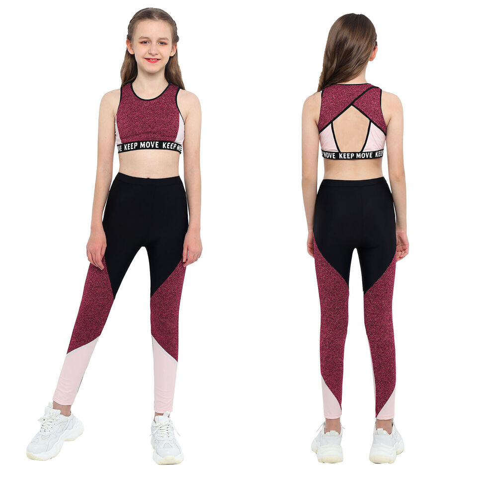 Kids Workout Running Sports Suit Midriff-Baring Tops+Tight Pants ...