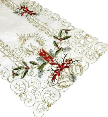 Holiday Holly Leaf Table Runner Red Embroidered Cut Work Topper Linen Decoration