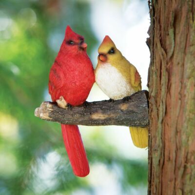 Textured Cardinal Pair Perched On Branch Tree Hanging Garden Statue