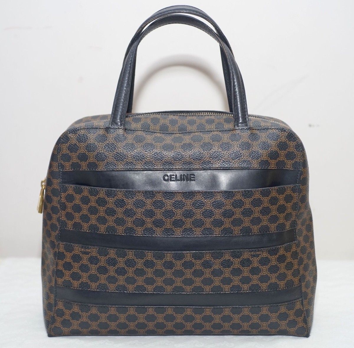 AUTH CELINE VINTAGE BLACK MACADAM Leather and PVC tote/Slip pocket