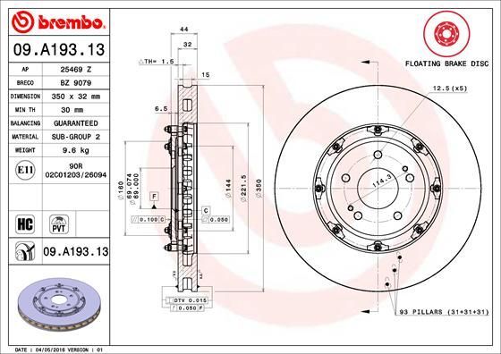 2X Brembo 09.A193.13 Bremsscheibe FüR Mitsubishi-image