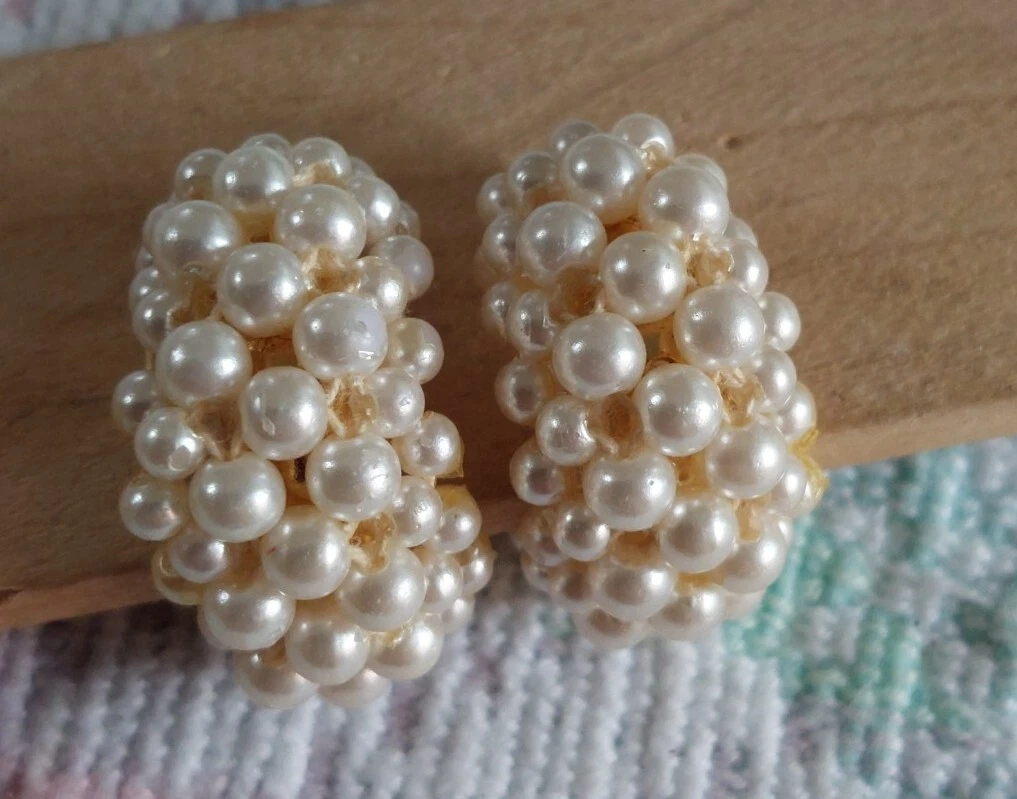 Vintage Small Faux Pearls Clip-on Half Hoop Earrings