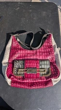 GUESS Croc Embossed Shoulder Bag Pink Gray White Logo Buckle Purse Handbag