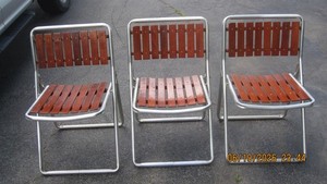 3 Vintage MCM Telescope Folding Aluminum and Redwood  Lawn Chairs Mid Century