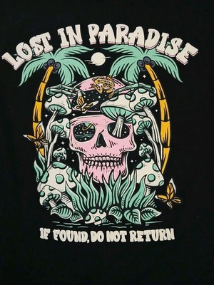 Lost in Paradise T-shirt Men's Size XL Skulls Mushrooms Tropical Black Shirt
