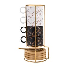 4 Marble Effect Ceramic Espresso Coffee Cups Saucers Display Stand & Spoons Set