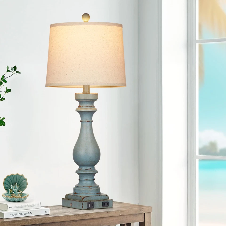 Lámpara costera de 27,5" de alto,-lámparas de mesita de noche vintage azules con carga USB... Foto 2 de 4