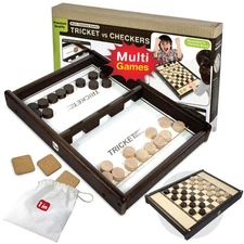 Tricket VS Checkers : Wooden Multi Tabletop Indoor Portable Board Games for K...