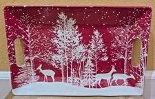 Michel Design Works "Snowy Night" Melamine Serveware Tray w Handles Red 15x10