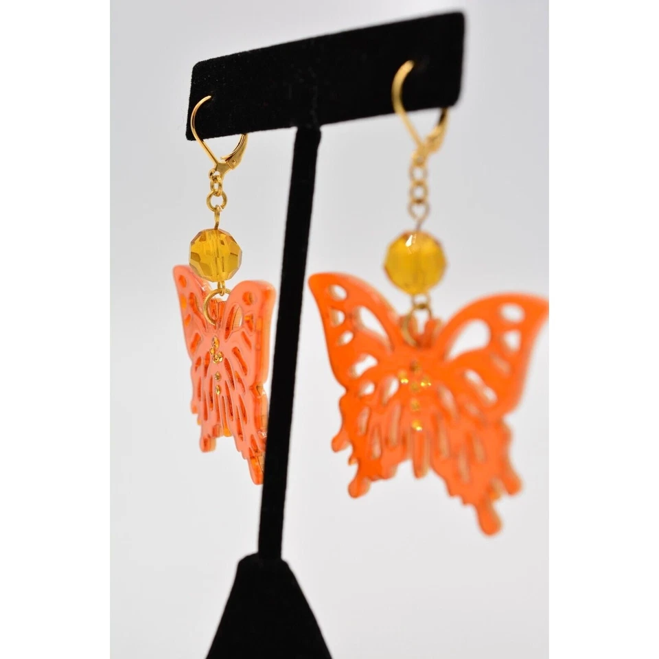 Pendientes Colgantes Mariposa Naranja Lucita Estrás Cristal Tono Dorado BinH Foto 3 de 4