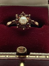 Gold Pearl Red Garnet S Size Ring Jewellery Box Vintage 9 CT Hallmarked