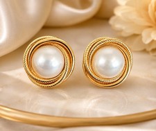 Vintage 14K Gold Maabe Pearl Earrings: Rope Twist Halo Estate Jewelry