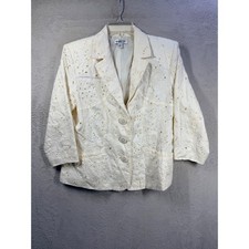 Coldwater Creek Blazer Womens M Cream Linen Eyelet Floral Embroidery Jacket