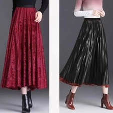 Women Velvet Pleated Skirt High Elastic Waist Big Swing Midi Casual Formal Aline