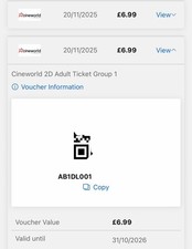 2 X Cineworld Voucher (zone 1)