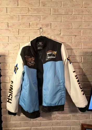 Riot Empire Bomber Jacket Size Medium Black Blue White Racing video thumbnail