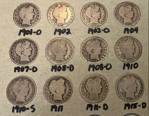 90% Silver Barber Half Dollars. Various years and mints. Lot of 12 coins.