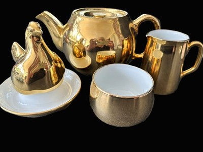 Vintage Royal Worcester Gold Glanz Feuerfest Teekanne Milchkännchen Zucker & Henne Eierbecher