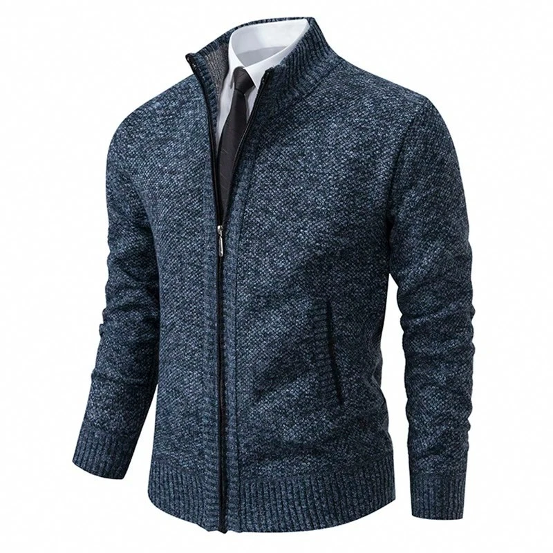Mens Fleece Lined Full Zip Cardigan Jacket Stand Collar Warm Casual Coat Fall image 2
