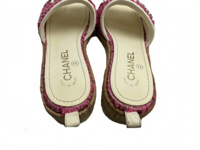 CHANEL Shoes Mule Sandals US6.5 EU37 Tweed Chain Coral Red Pink