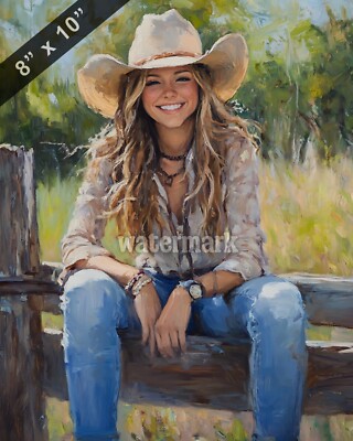 Cowgirl sitting on a fence smiling under her hat oil Painting 8x10 Print
