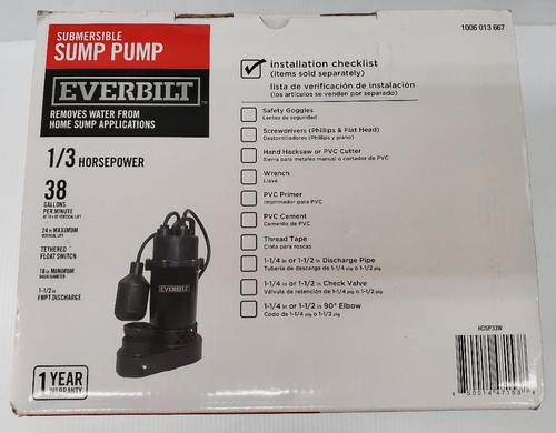 EVERBILT SUMP PUMP 1/3 HP UNUSED OPEN BOX - Picture 5 of 5