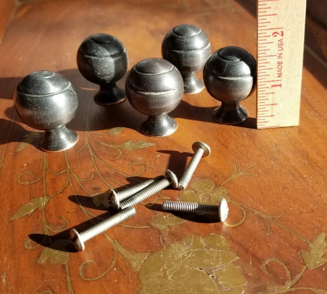Vintage Brass Colored Round Ball Drawer Pull Knobs HEAVY 5 with Screws