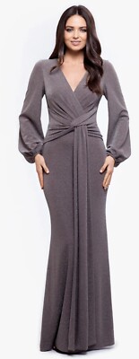 Betsy & Adam Clara Long Sleeve Glitter Knit Knot Dress NWOT size 8 Taupe