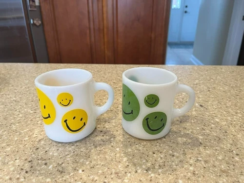 Vintage Milk Glass Smiley Face Mugs Yellow Green Happy Face