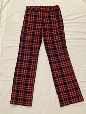 Womens Vintage 60s 70s Polyester Plaid Flare Pants Size 28 Red Blue Slacks Retro