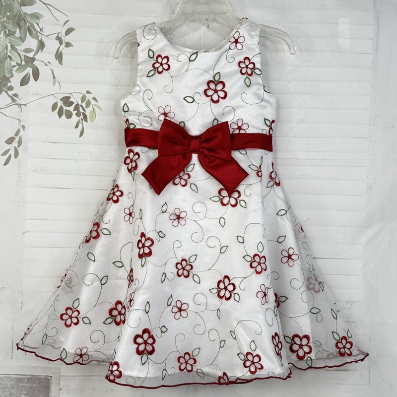 YOUNGLAND Girls White w/ Red Embroidered Floral  Christmas Holiday Dress 4 Used