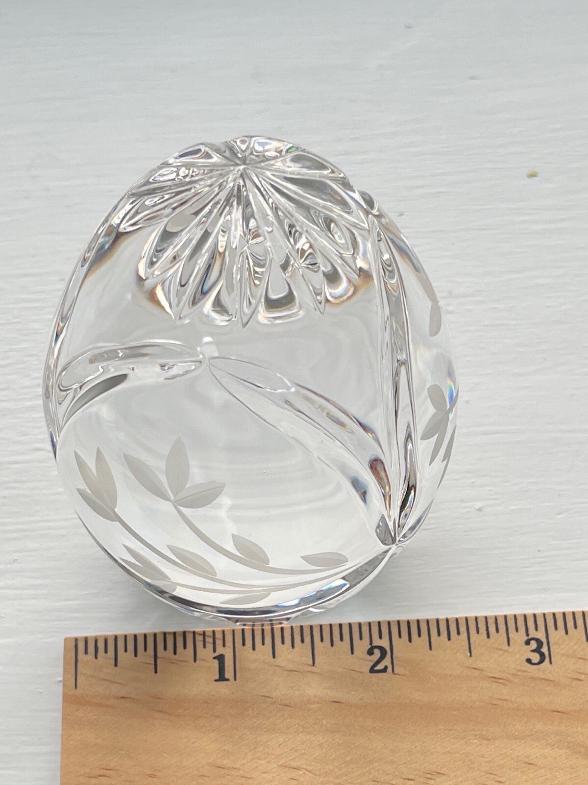 Lead Crystal Egg Paperweight Art Glass Hand Cut Floral Etched Starburst
