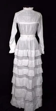 VERY RARE ANTIQUE FRENCH EDWARDIAN ERA COTTON 2 PIECE WEDDING DRESS SIZE 4