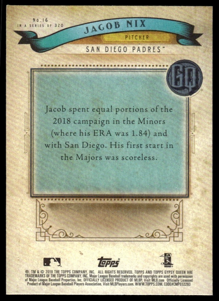 2019 TOPPS GYPSY QUEEN ROOKIE Jacob Nix San Diego Padres #16 R41 - Image 2 of 2