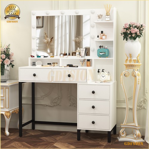Modern Dressing Table With 11 LED Lights Mirror 5 Drawers Vanity Makeup Desk Set - Picture 2 of 9