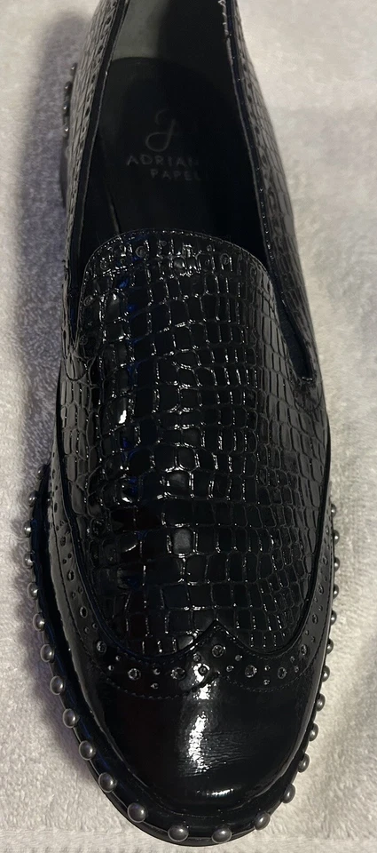 Adrianna Papell Black Leather Shinny Studded Slip On Heel Shoes Size 9.5 M - Image 3 of 4
