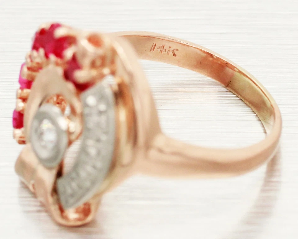 Антикварное коктейльное кольцо в стиле ар-деко с рубином и бриллиантами 0,50 карата спираль - розовое золото 14 карат - Изображение 3 из 4
