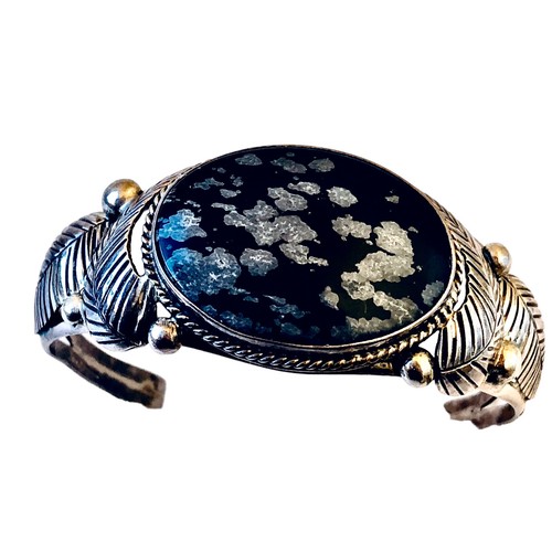 Amerikanische Ureinwohner Schneeflocke Obsidian Sterlingsilber Armreif Armband signiert L Pina - Bild 5 von 11