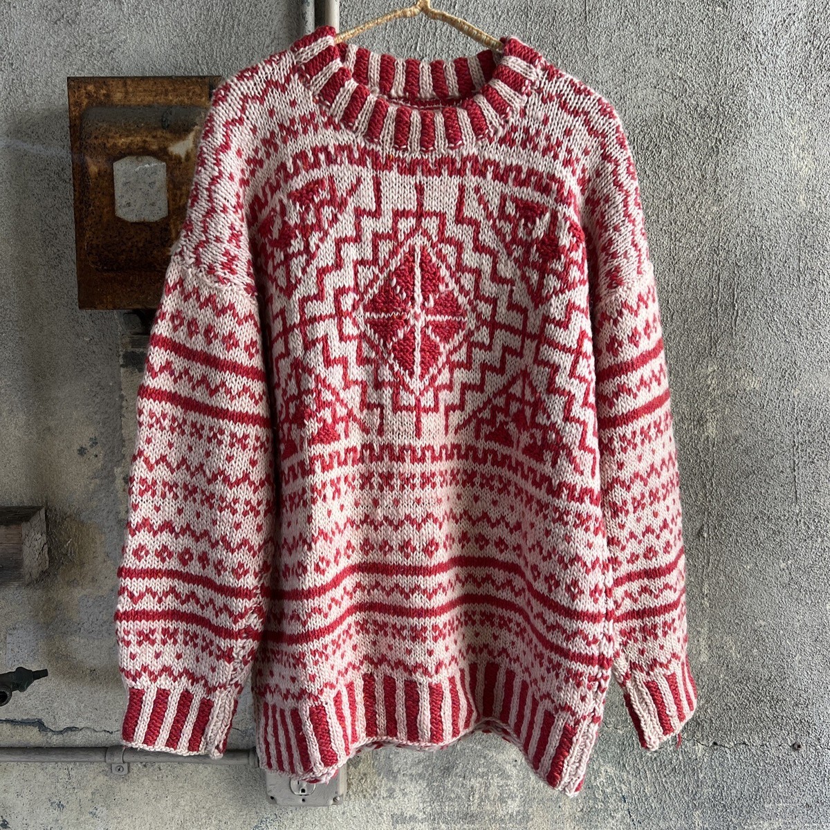 Vintage 1950s Men's Knit Wool Sweater Pull Over Red & White Jumper