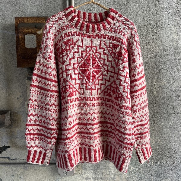 Vintage 1950s Men’s Knit Wool Sweater Pull Over Red & White Jumper Geometric