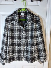 Chicos Size 3 XL Black White Tweed Women's Blazer Lined Pockets Button Front