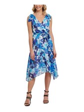 DKNY Womens Blue Belted Hi-lo Hem Lined Sleeveless Midi Faux Wrap Dress 2