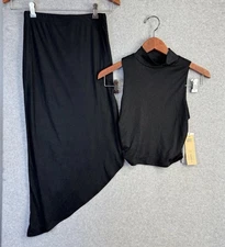 NWT Madden NYC Size S Black Two-Piece Mock Neck Crop Top Asymmetrical Skirt Set